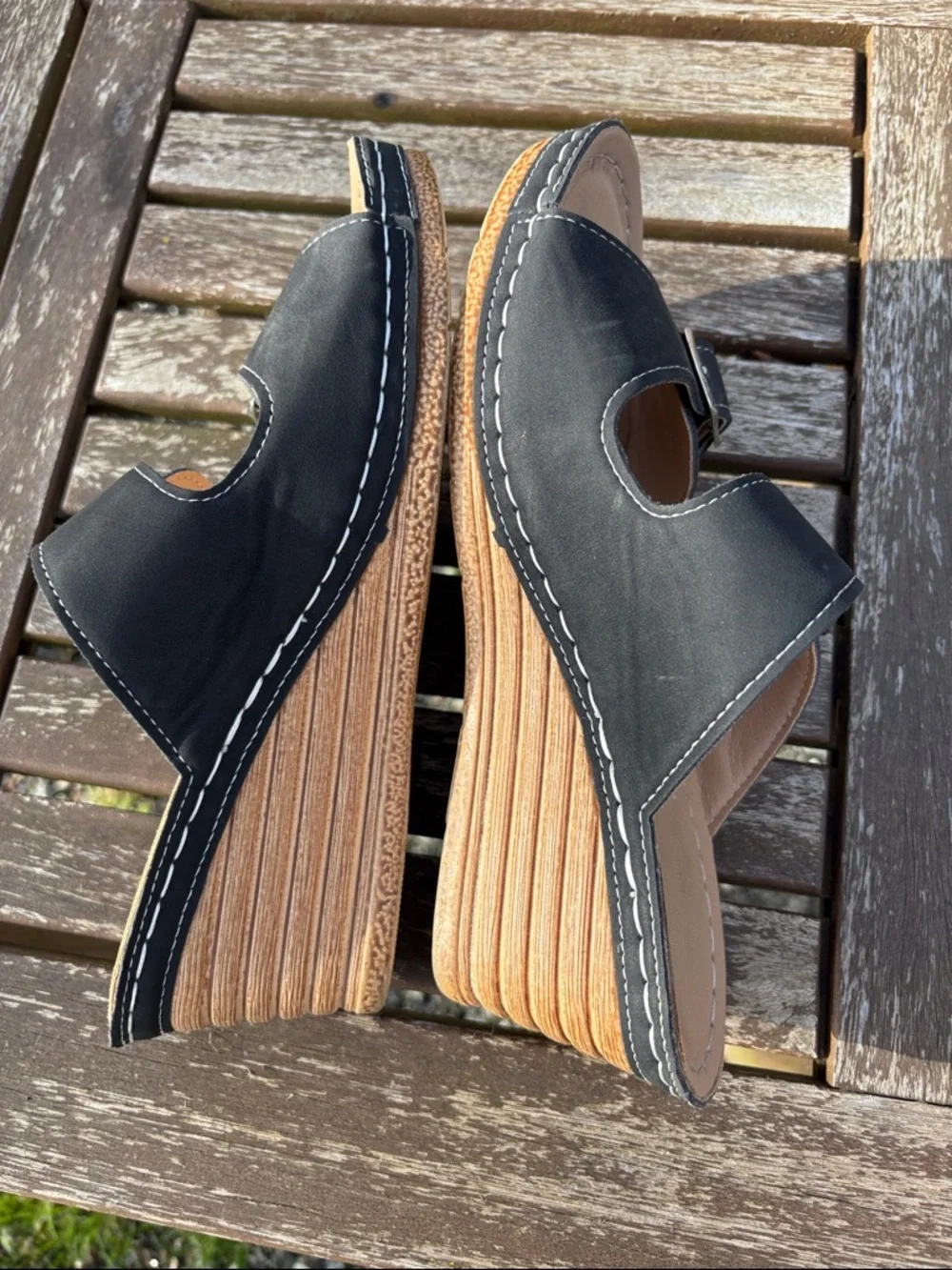 Black Buckle Wedge Sandals - Comfortable Women's Slip-On